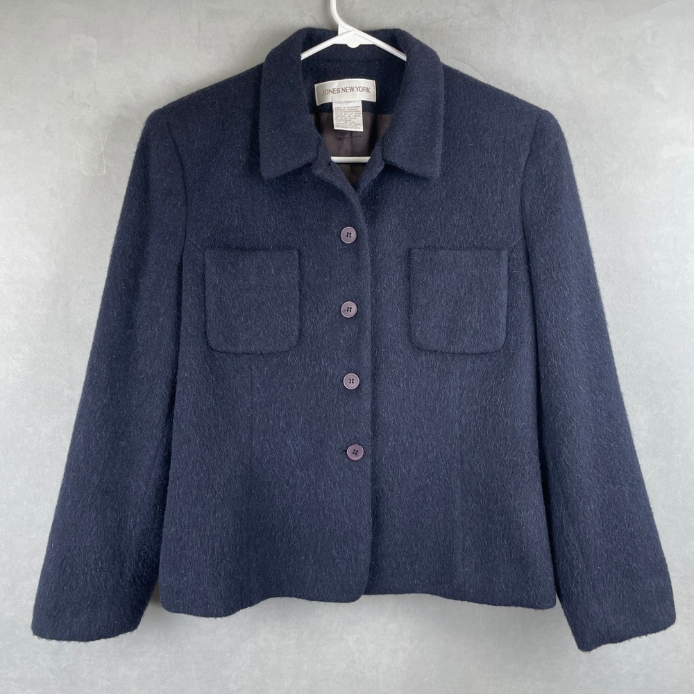 VTG Jones New York Navy Blue Wool Mohair Collared Button Up Jacket Luxury Hip 14